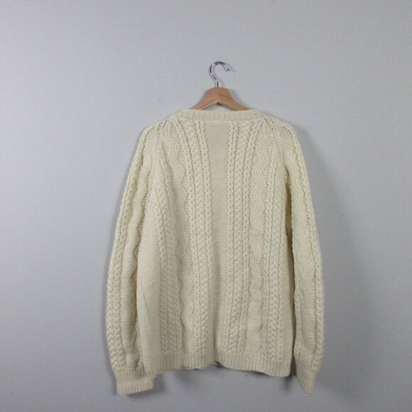 Handknit Sweater Women's Button Up Grandma Cable Knit Cardigan Ivory Wool L 820 - Picture 2 of 11